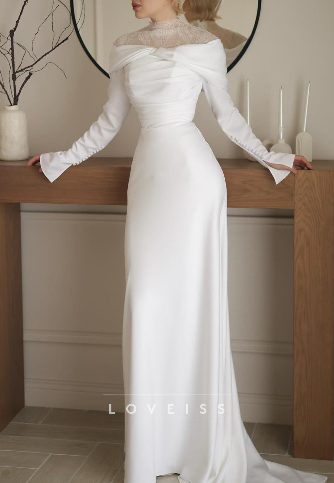 High Neck Long Sleeves Sheath Wedding Dress
