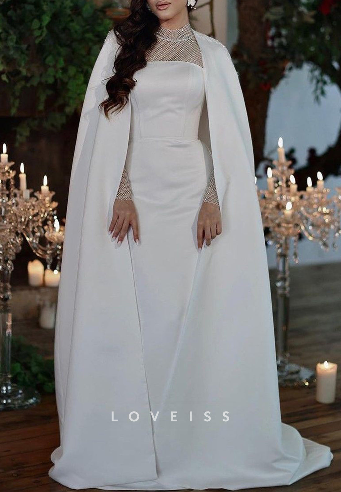 High Neck Long Sleeves Sleek Mermaid Evening Dress