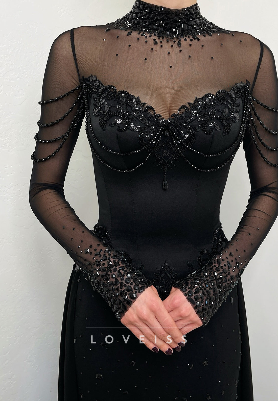High Neck Long Sleeves Sparkly Sequins Sheath Black Wedding Dress