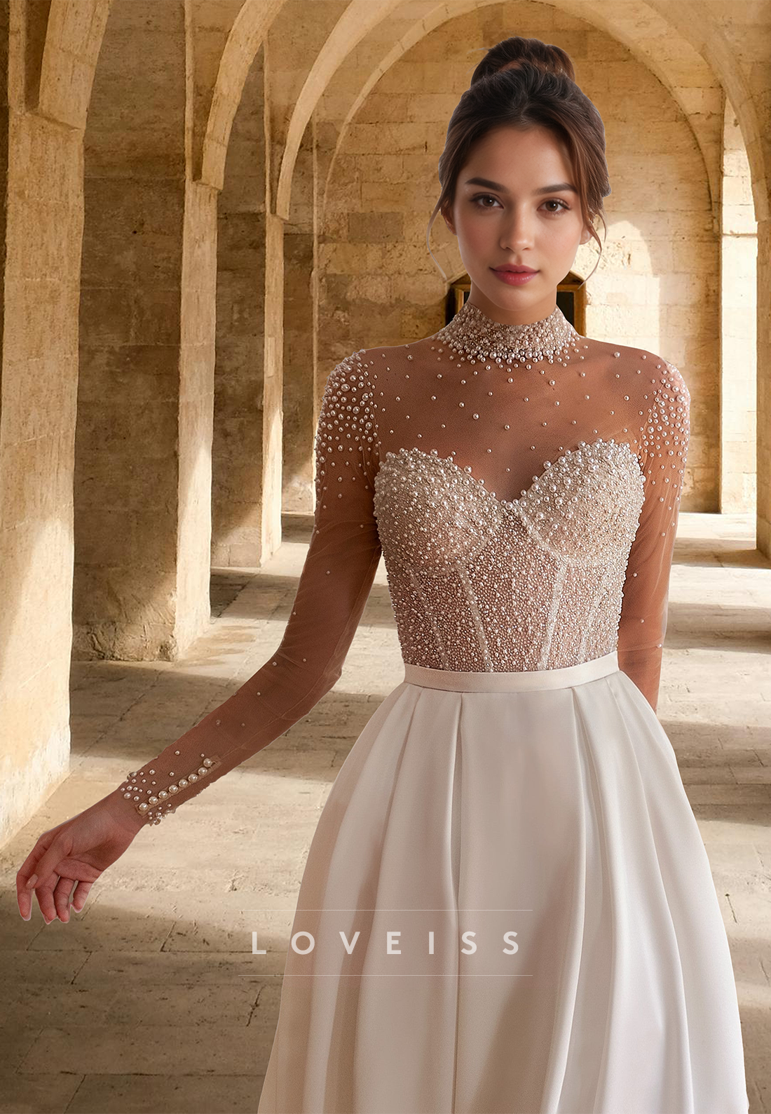 High Neck Sheer Long Sleeves Beaded Satin A-Line Wedding Dress
