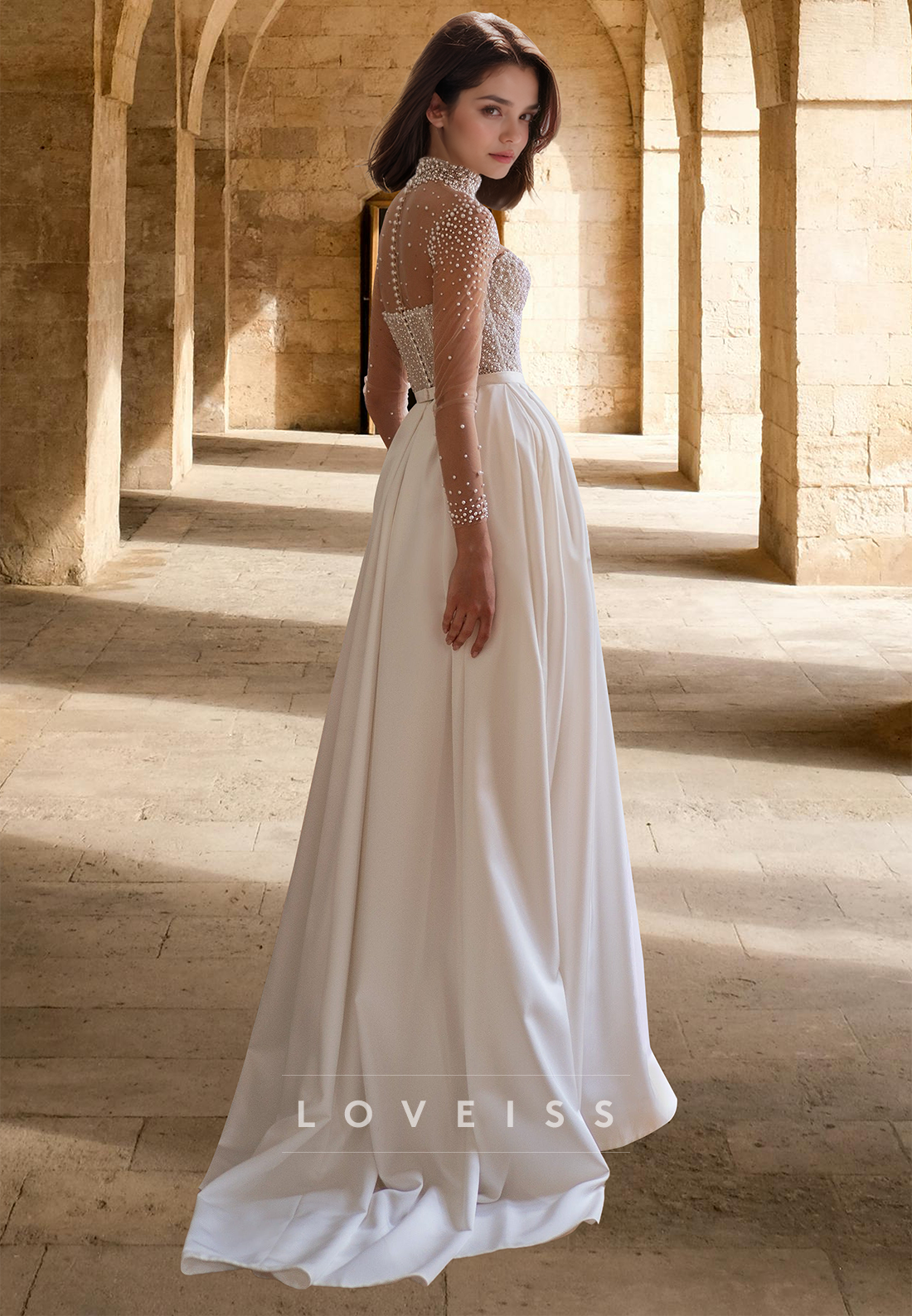 High Neck Sheer Long Sleeves Beaded Satin A-Line Wedding Dress