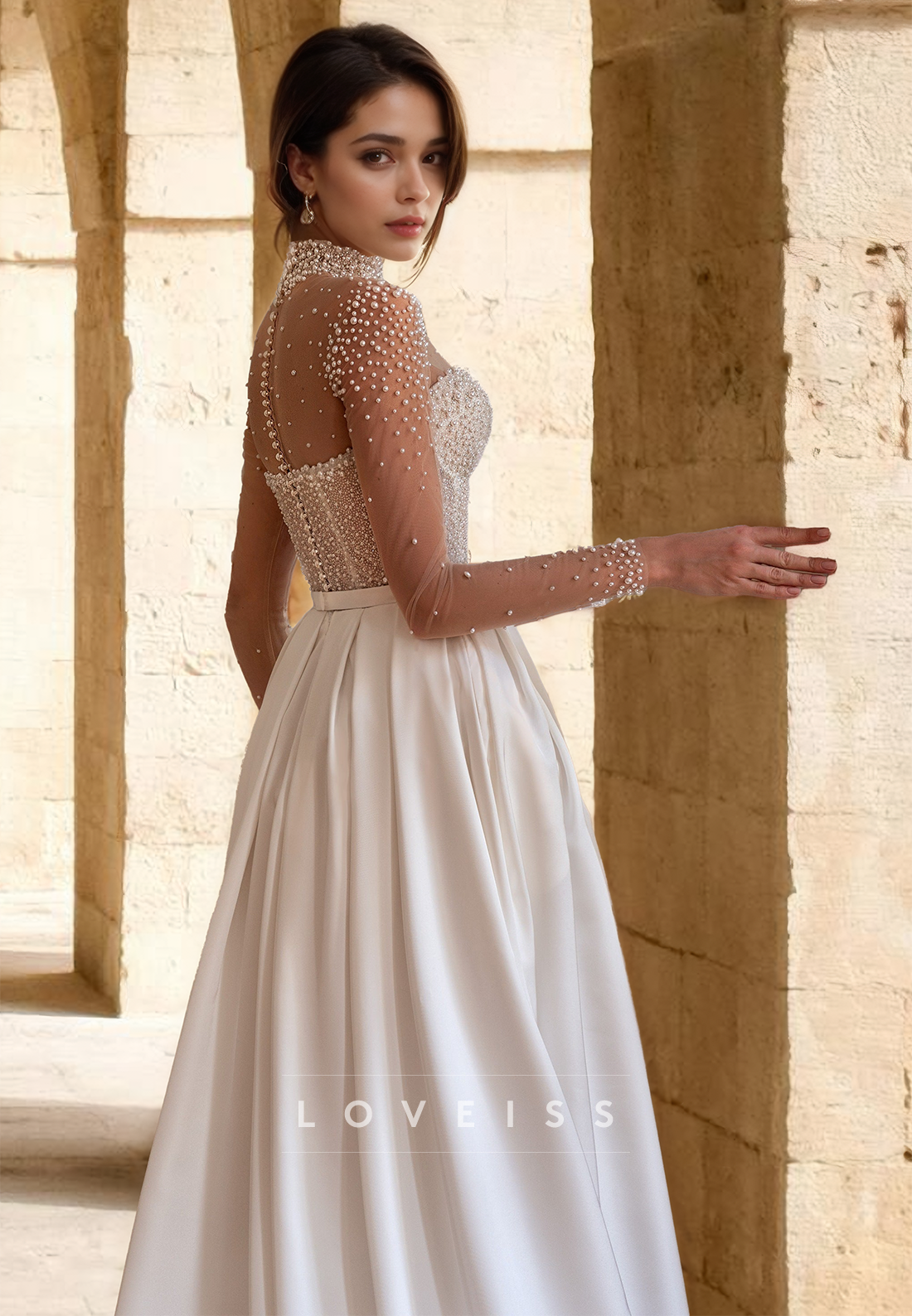 High Neck Sheer Long Sleeves Beaded Satin A-Line Wedding Dress