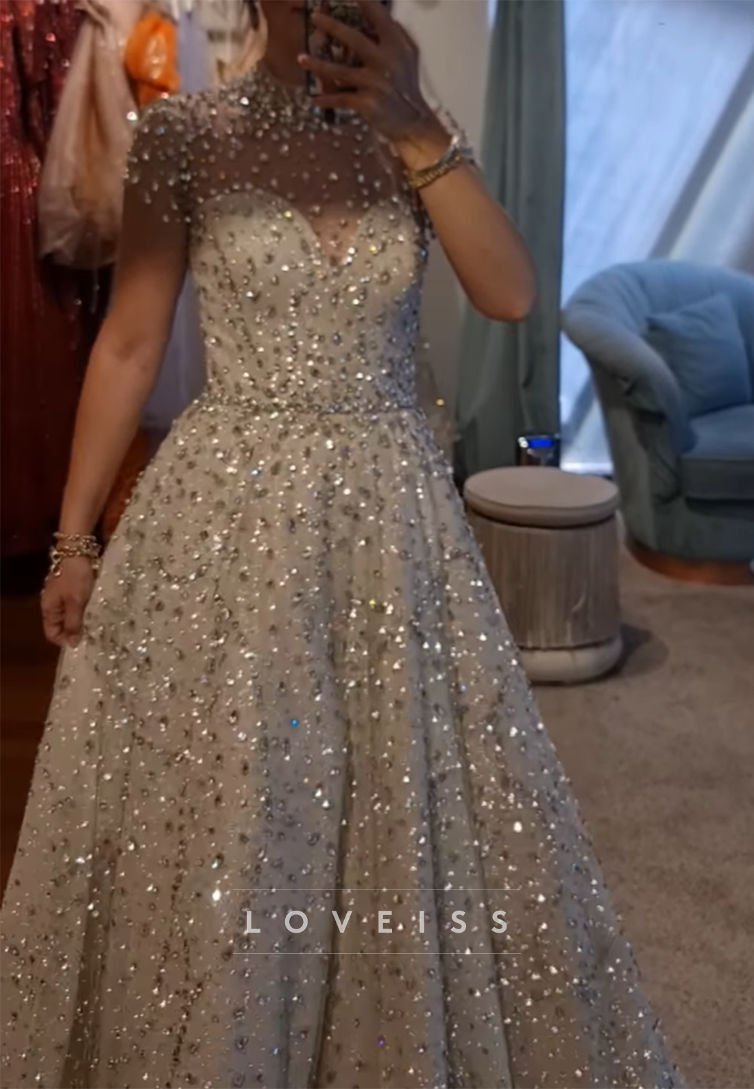 High Neck Short Sleeves Beaded Sparkly A-Line Evening Dress