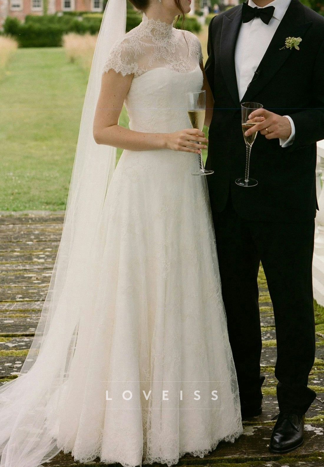 High Neck Short Sleeves Lace Appliques A-Line Wedding Dress