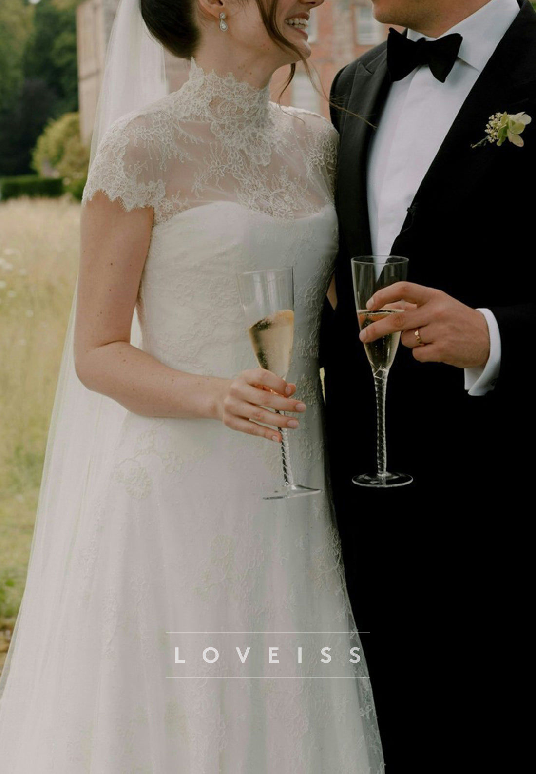 High Neck Short Sleeves Lace Appliques A-Line Wedding Dress