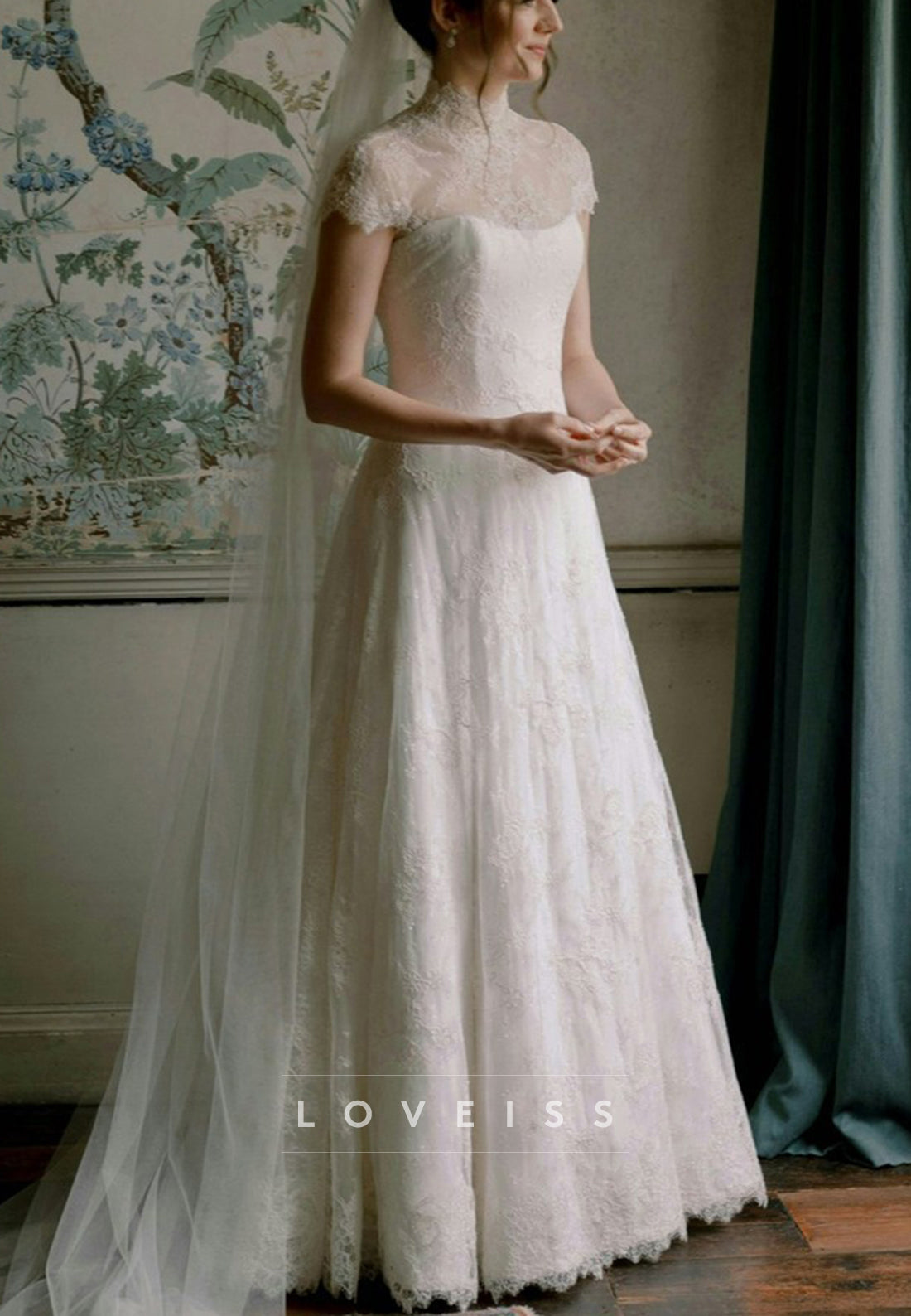 High Neck Short Sleeves Lace Appliques A-Line Wedding Dress
