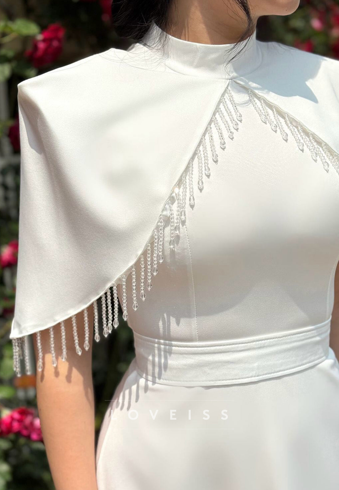 High Neck Short Sleeves Sleek Sheath Wedding Dress