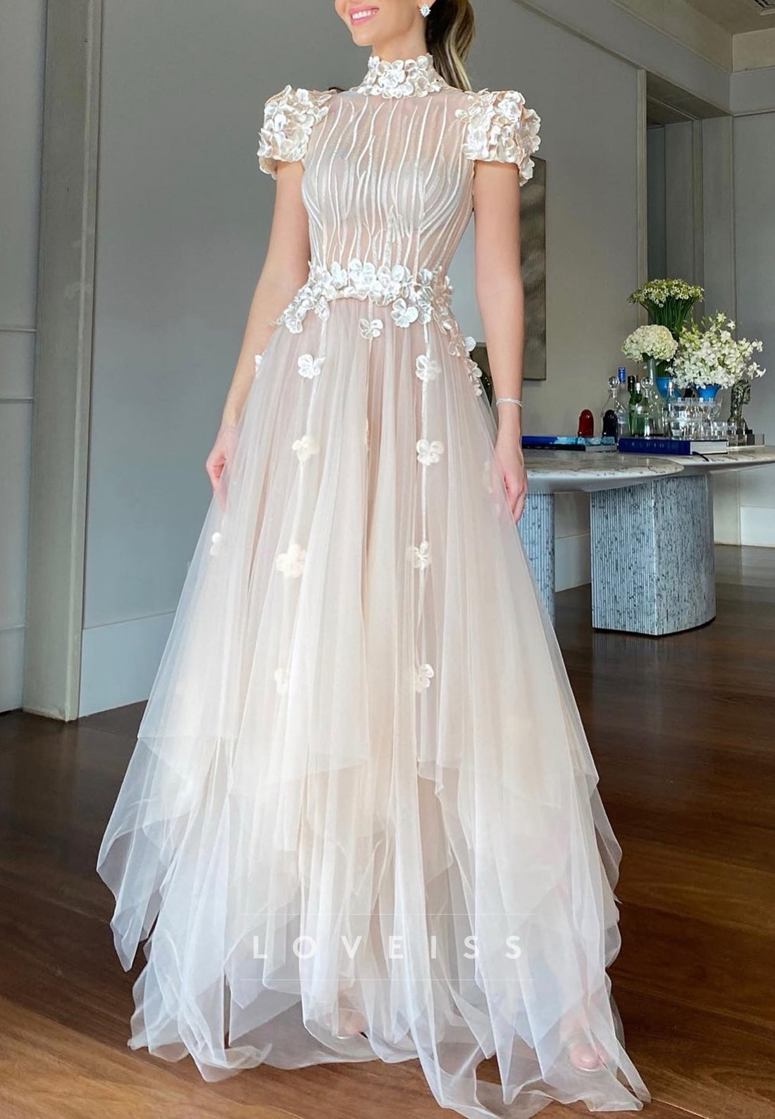 high neck short sleeve wedding dress Sleeves Tulle Appliques A-Line – Loveiss Long dresses – Sud summer-dresses Style:EE01489BK If you have made