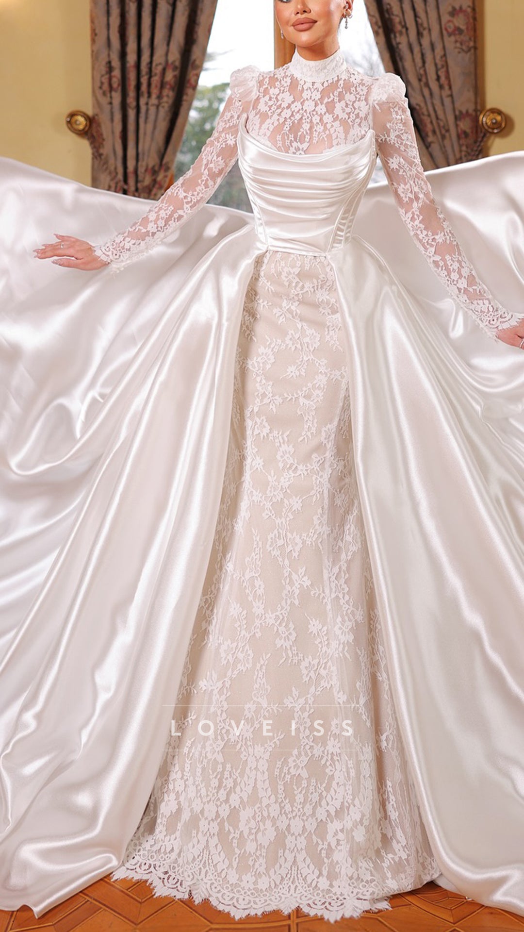 High Neck Sleek Lace Appliques Mermaid Wedding Dress with Train