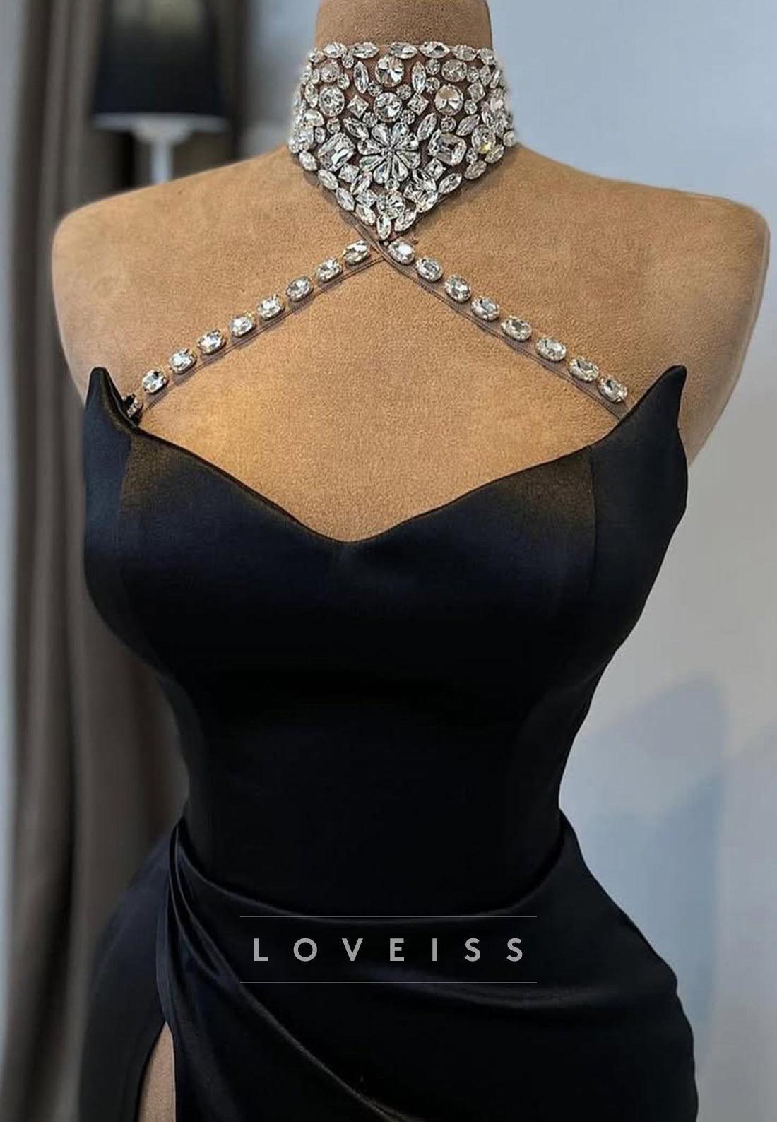 High Neck Sleeveless Beaded High Slit Evening Dress Sheath Formal Dress