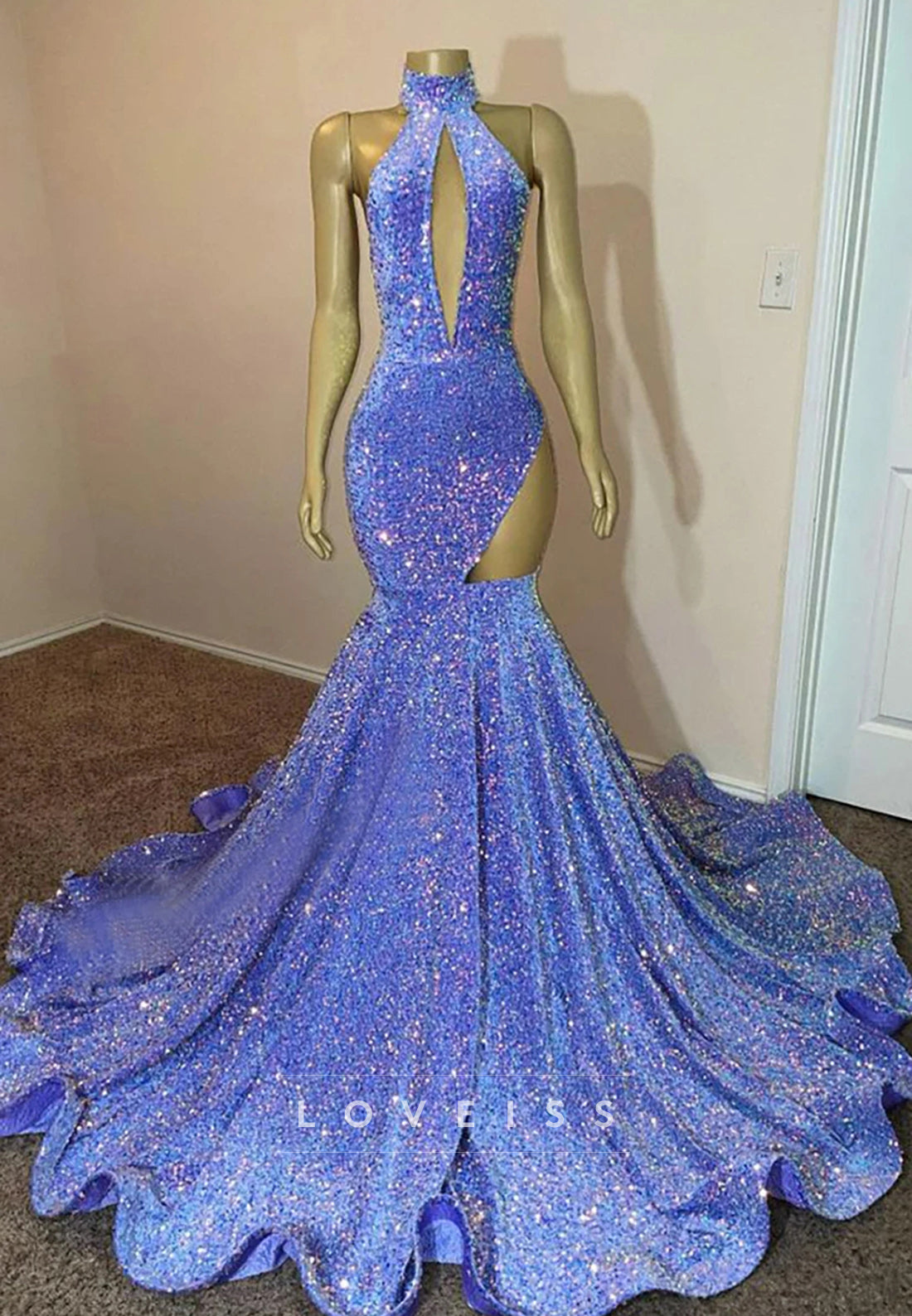 High Neck Sleeveless Pleated Sparkly Mermaid Prom Dress for Black Girls