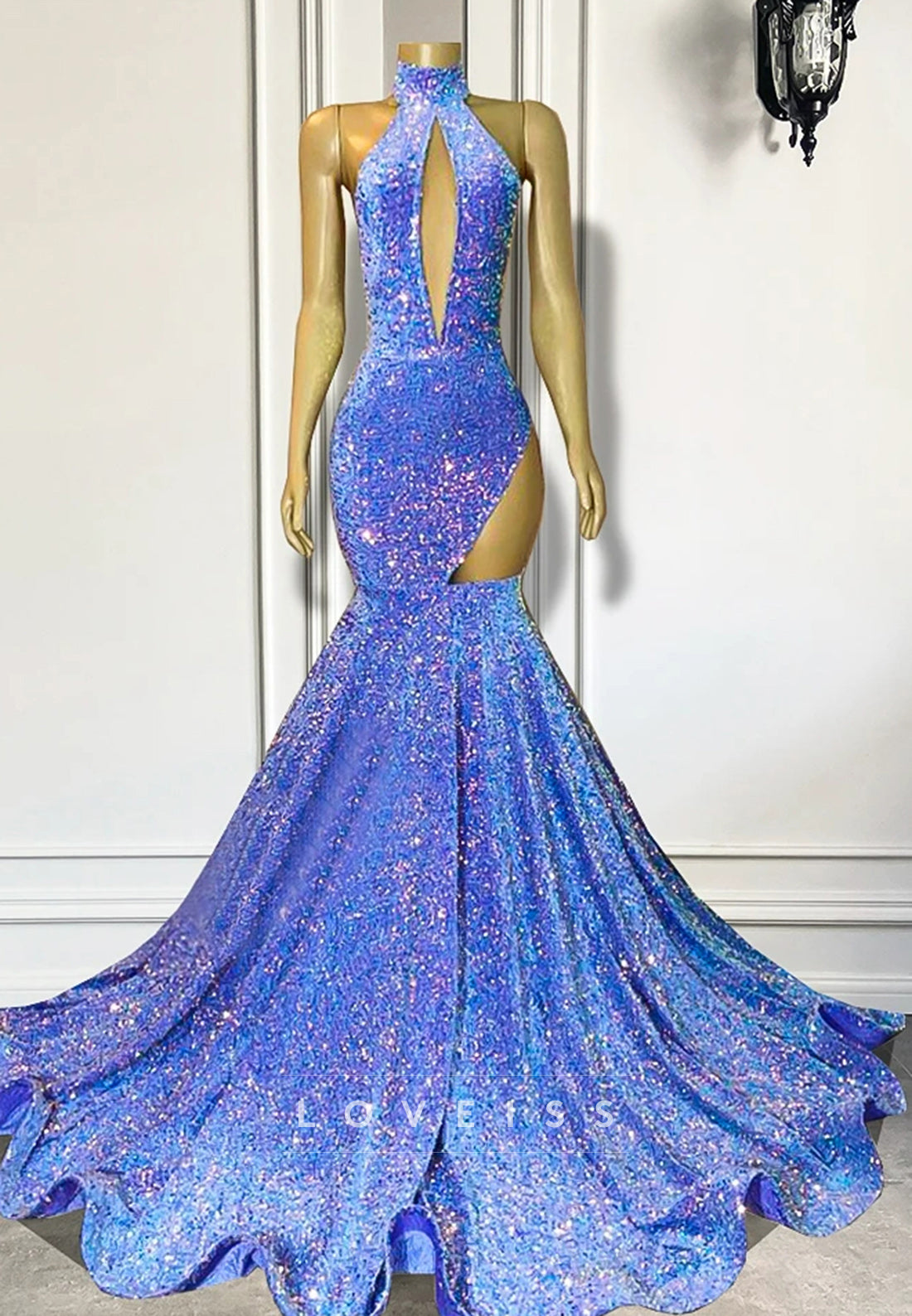 High Neck Sleeveless Pleated Sparkly Mermaid Prom Dress for Black Girls