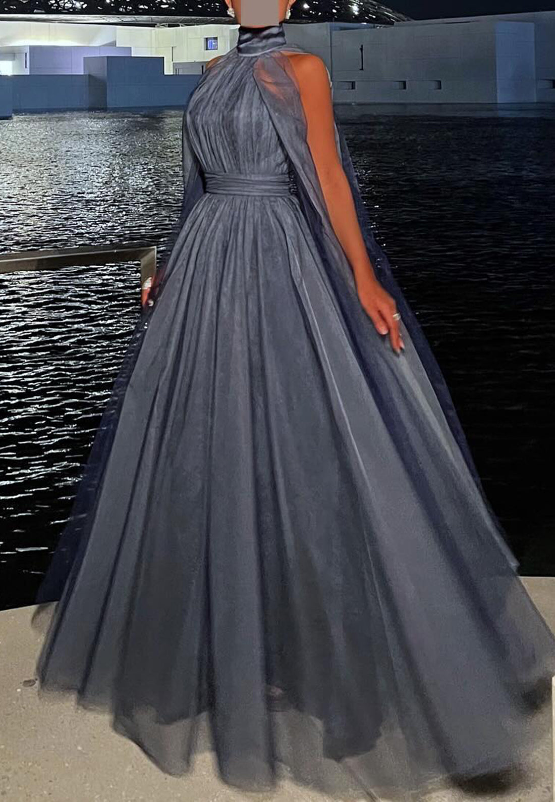High Neck Sleeveless Pleated Mesh A-Line Evening Dress
