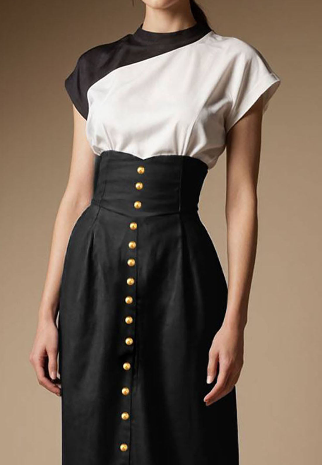 High Neckline Short Sleeves White Black Buttoned Work Midi Dress