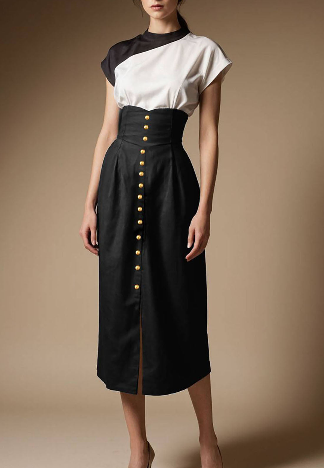 High Neckline Short Sleeves White Black Buttoned Work Midi Dress