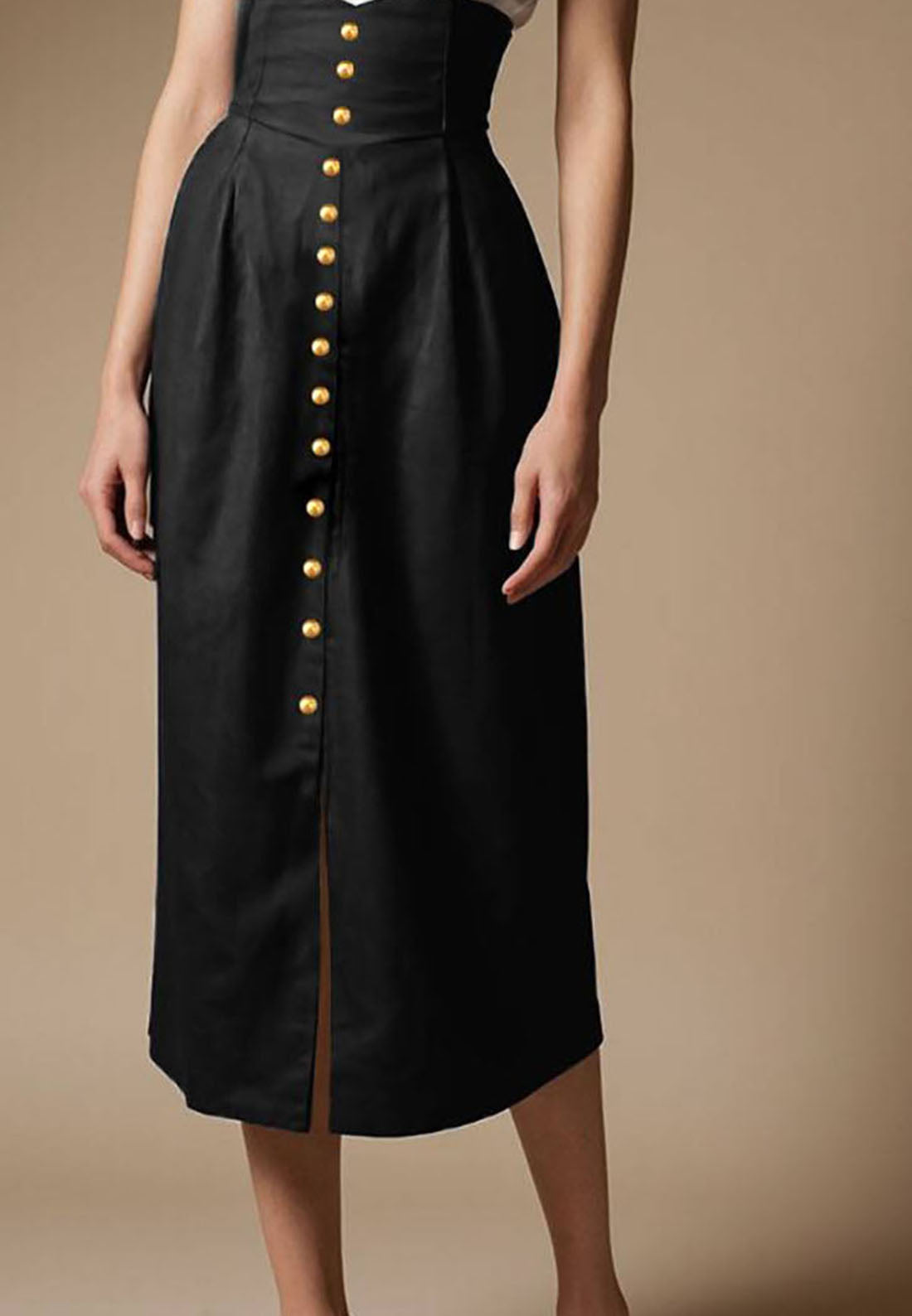 High Neckline Short Sleeves White Black Buttoned Work Midi Dress