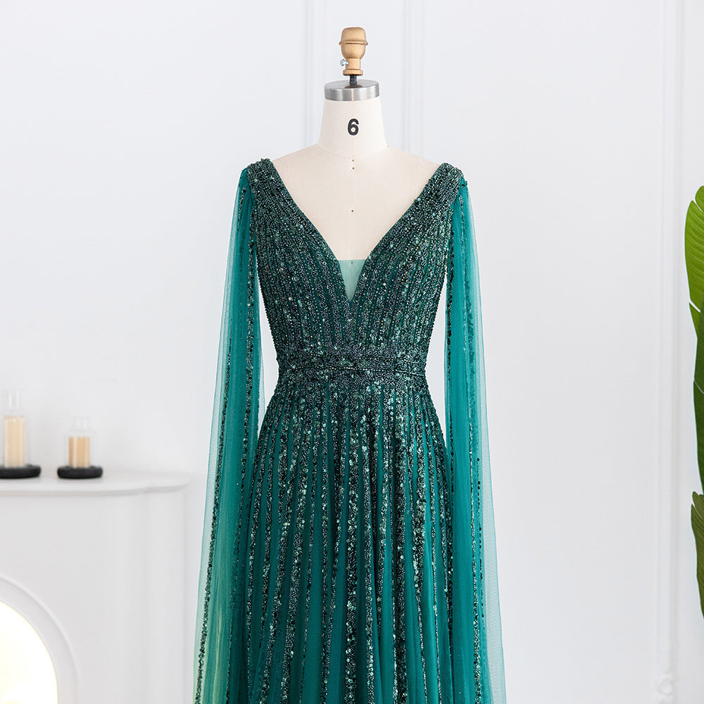Luxury Beaded Nude Evening Dress with Cape Sleeves