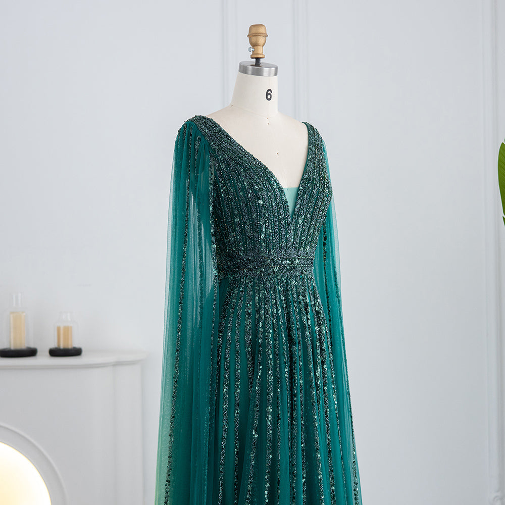 Luxury Beaded Nude Evening Dress with Cape Sleeves