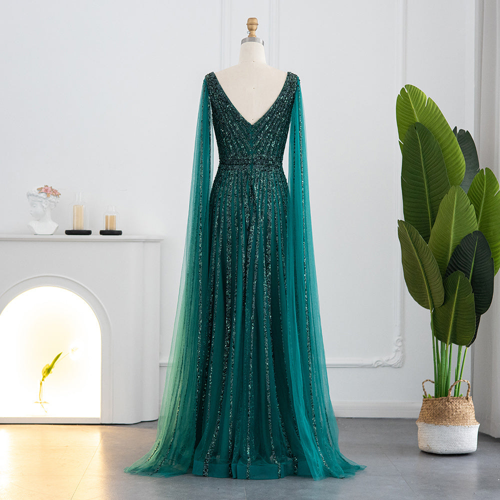 Luxury Beaded Nude Evening Dress with Cape Sleeves