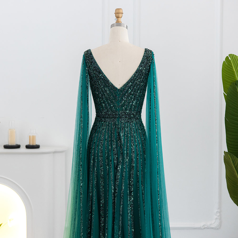 Luxury Beaded Nude Evening Dress with Cape Sleeves