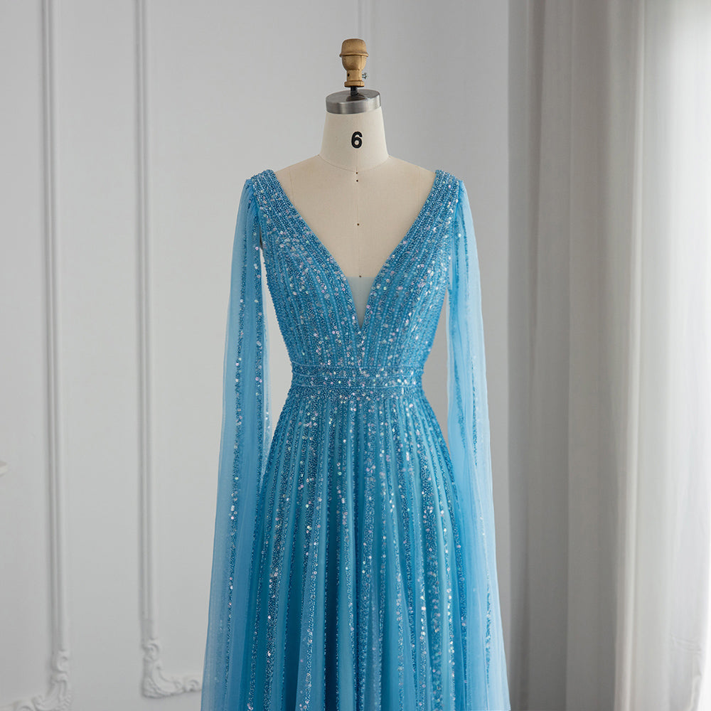 Luxury Beaded Nude Evening Dress with Cape Sleeves
