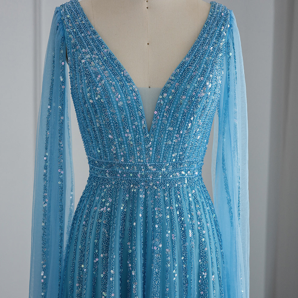 Luxury Beaded Nude Evening Dress with Cape Sleeves