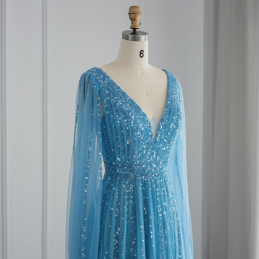 Luxury Beaded Nude Evening Dress with Cape Sleeves