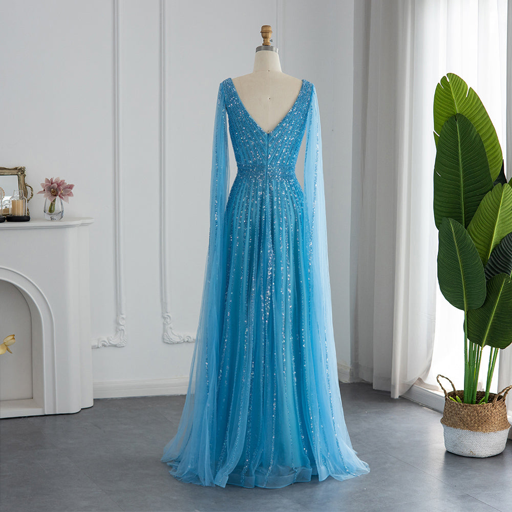 Luxury Beaded Nude Evening Dress with Cape Sleeves