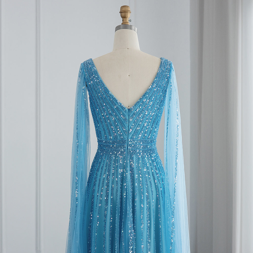 Luxury Beaded Nude Evening Dress with Cape Sleeves