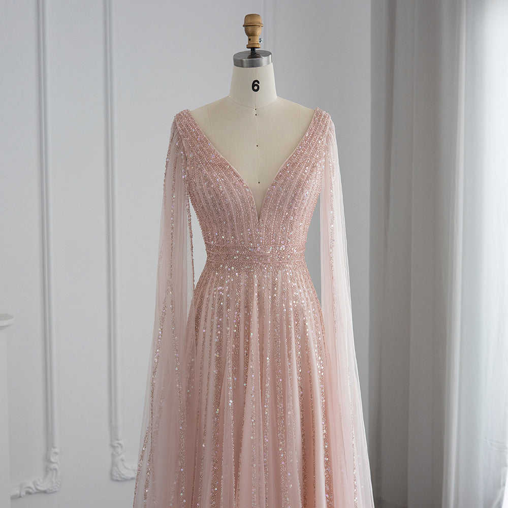 Luxury Beaded Nude Evening Dress with Cape Sleeves