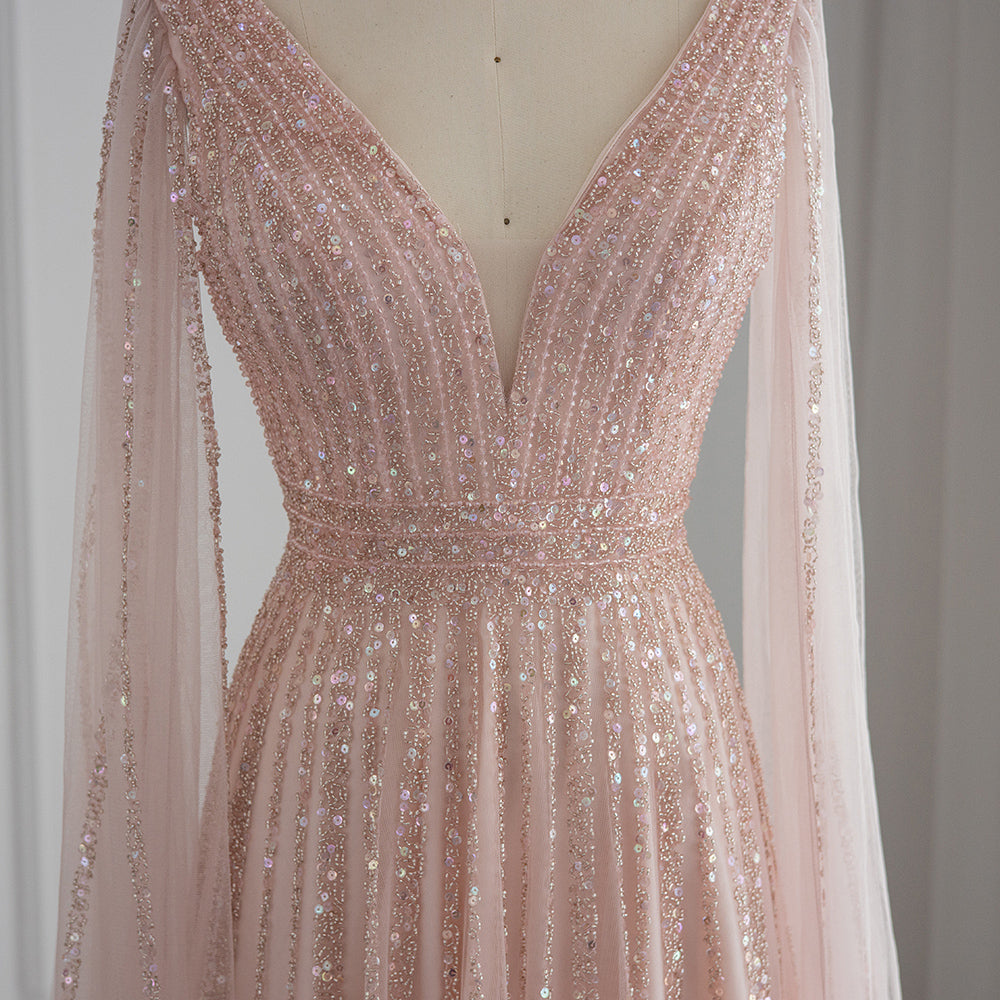 Luxury Beaded Nude Evening Dress with Cape Sleeves