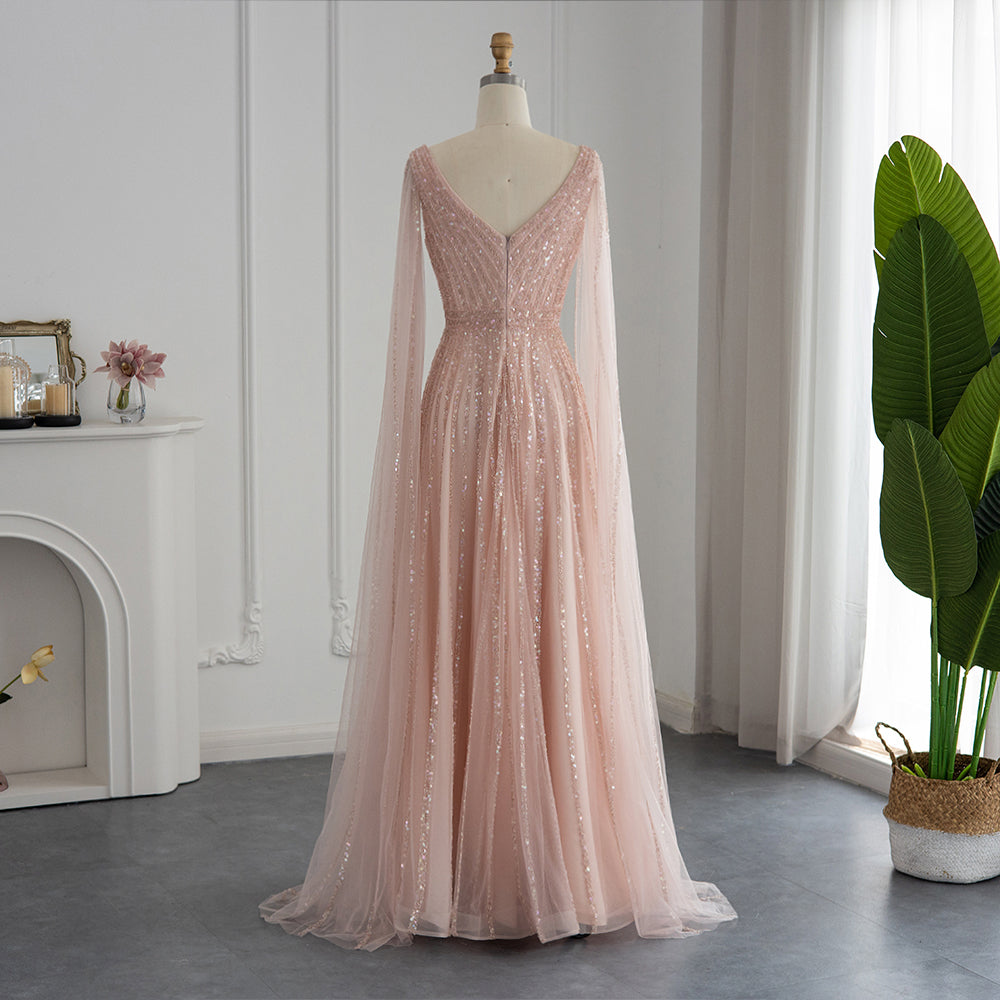 Luxury Beaded Nude Evening Dress with Cape Sleeves