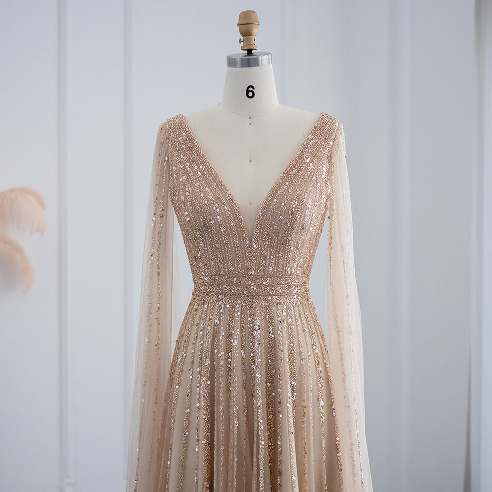 Luxury Beaded Nude Evening Dress with Cape Sleeves