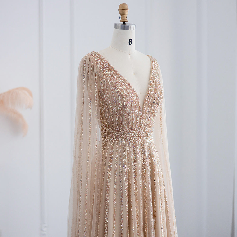 Luxury Beaded Nude Evening Dress with Cape Sleeves