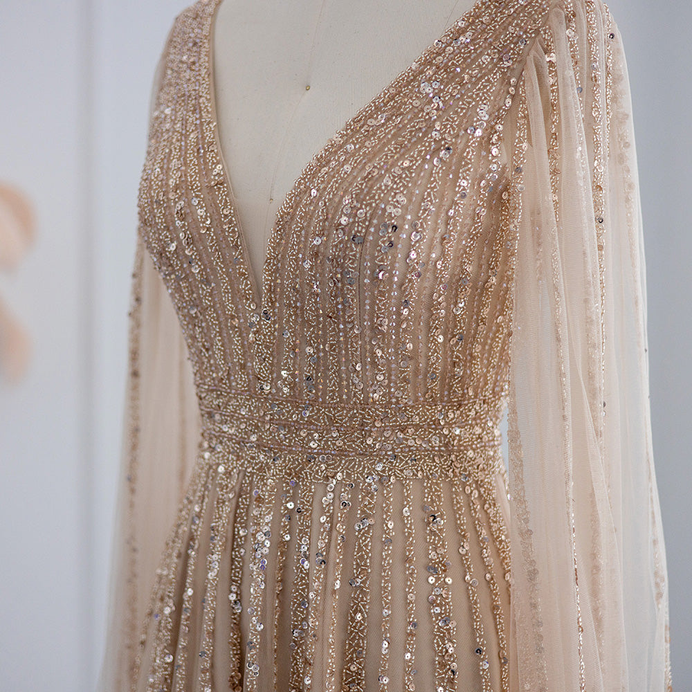 Luxury Beaded Nude Evening Dress with Cape Sleeves