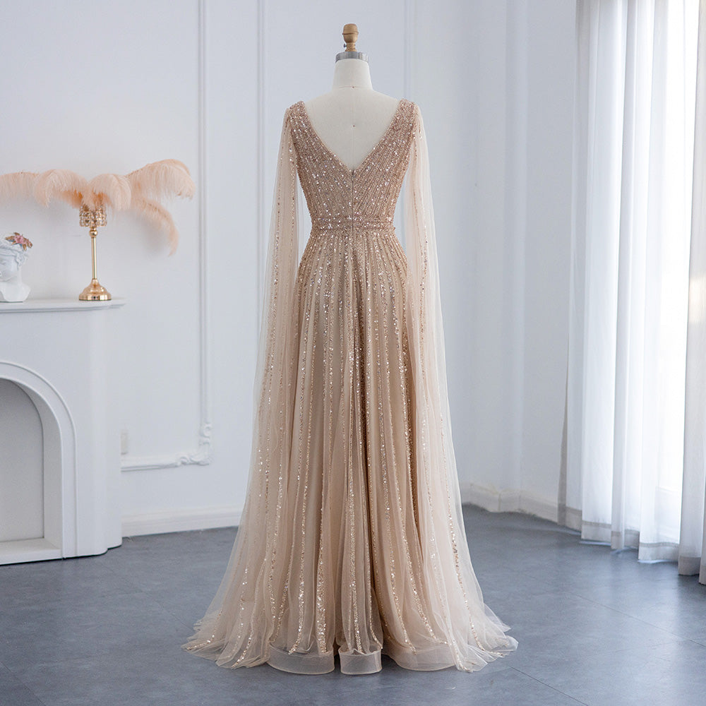 Luxury Beaded Nude Evening Dress with Cape Sleeves