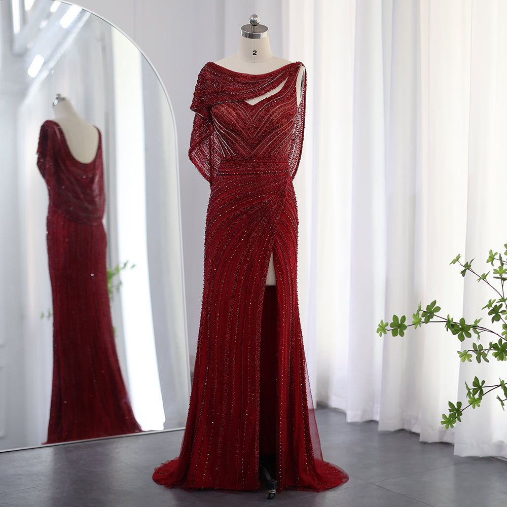 Luxury Beaded Silver Mermaid Evening Dress with Cape
