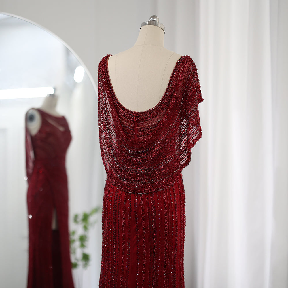 Luxury Beaded Silver Mermaid Evening Dress with Cape