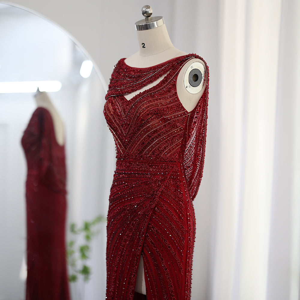 Luxury Beaded Silver Mermaid Evening Dress with Cape