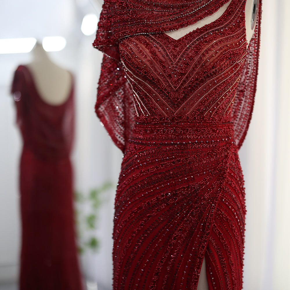 Luxury Beaded Silver Mermaid Evening Dress with Cape