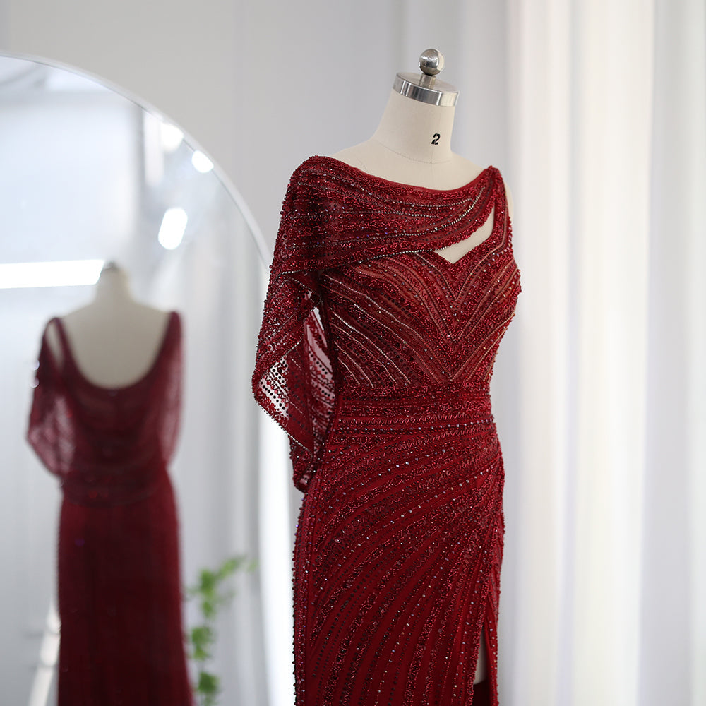 Luxury Beaded Silver Mermaid Evening Dress with Cape