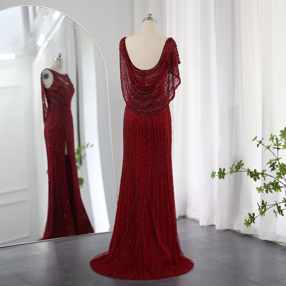 Luxury Beaded Silver Mermaid Evening Dress with Cape