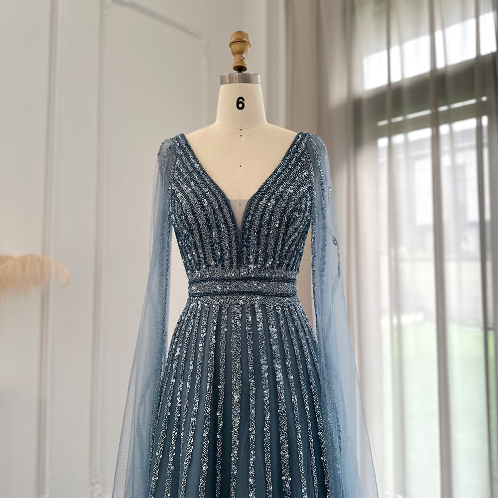 Luxury Beaded Nude Evening Dress with Cape Sleeves