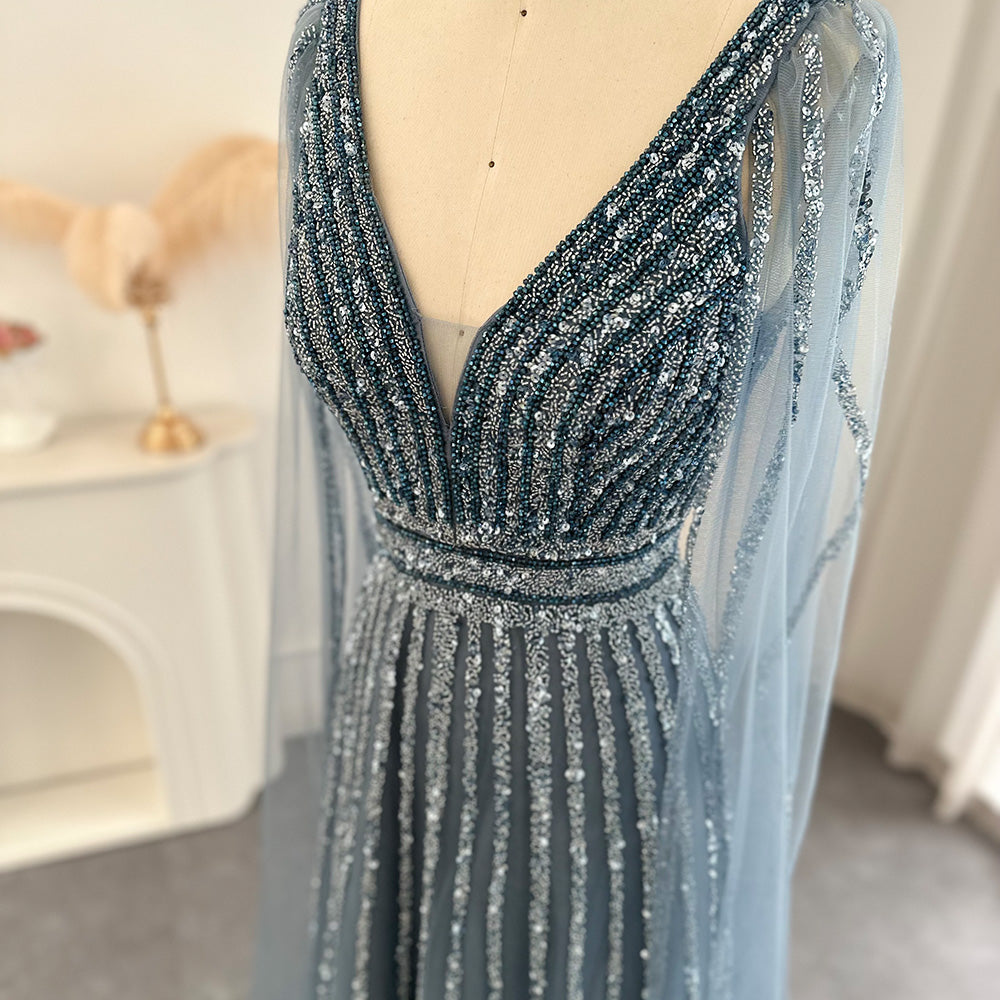 Luxury Beaded Nude Evening Dress with Cape Sleeves