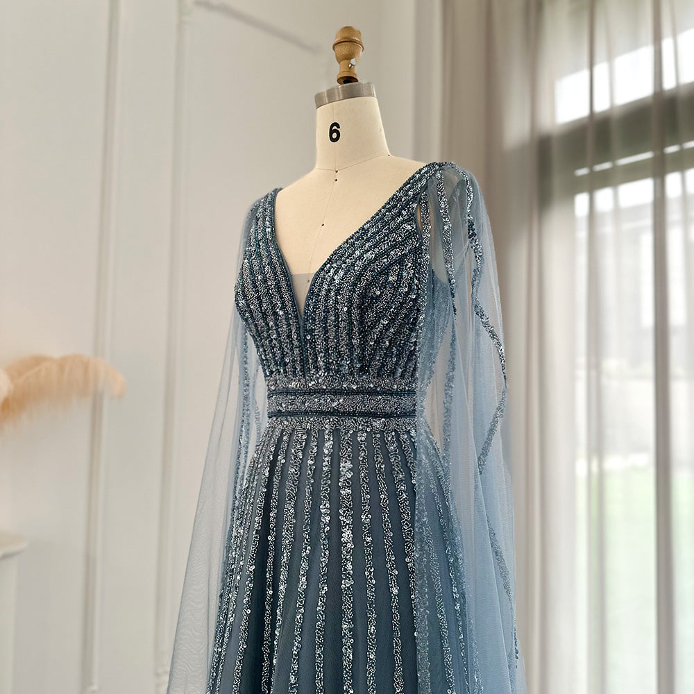 Luxury Beaded Nude Evening Dress with Cape Sleeves