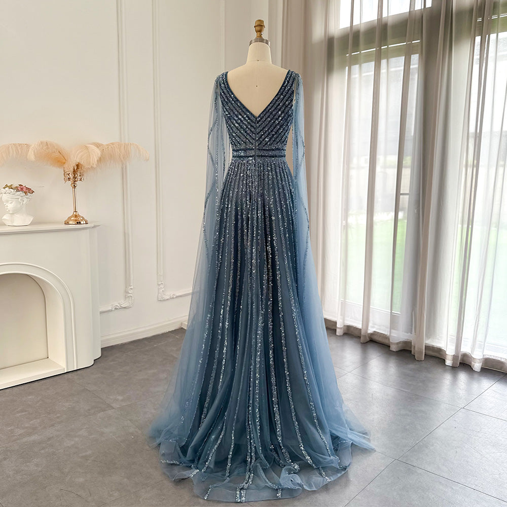 Luxury Beaded Nude Evening Dress with Cape Sleeves