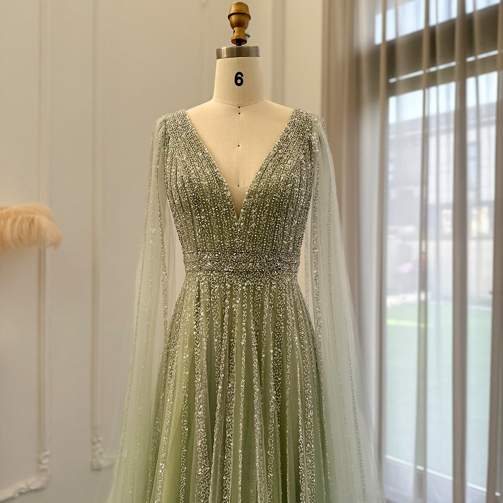 Luxury Beaded Nude Evening Dress with Cape Sleeves