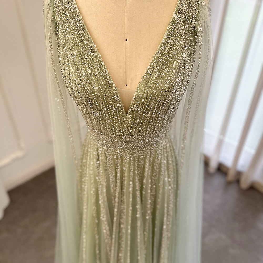Luxury Beaded Nude Evening Dress with Cape Sleeves