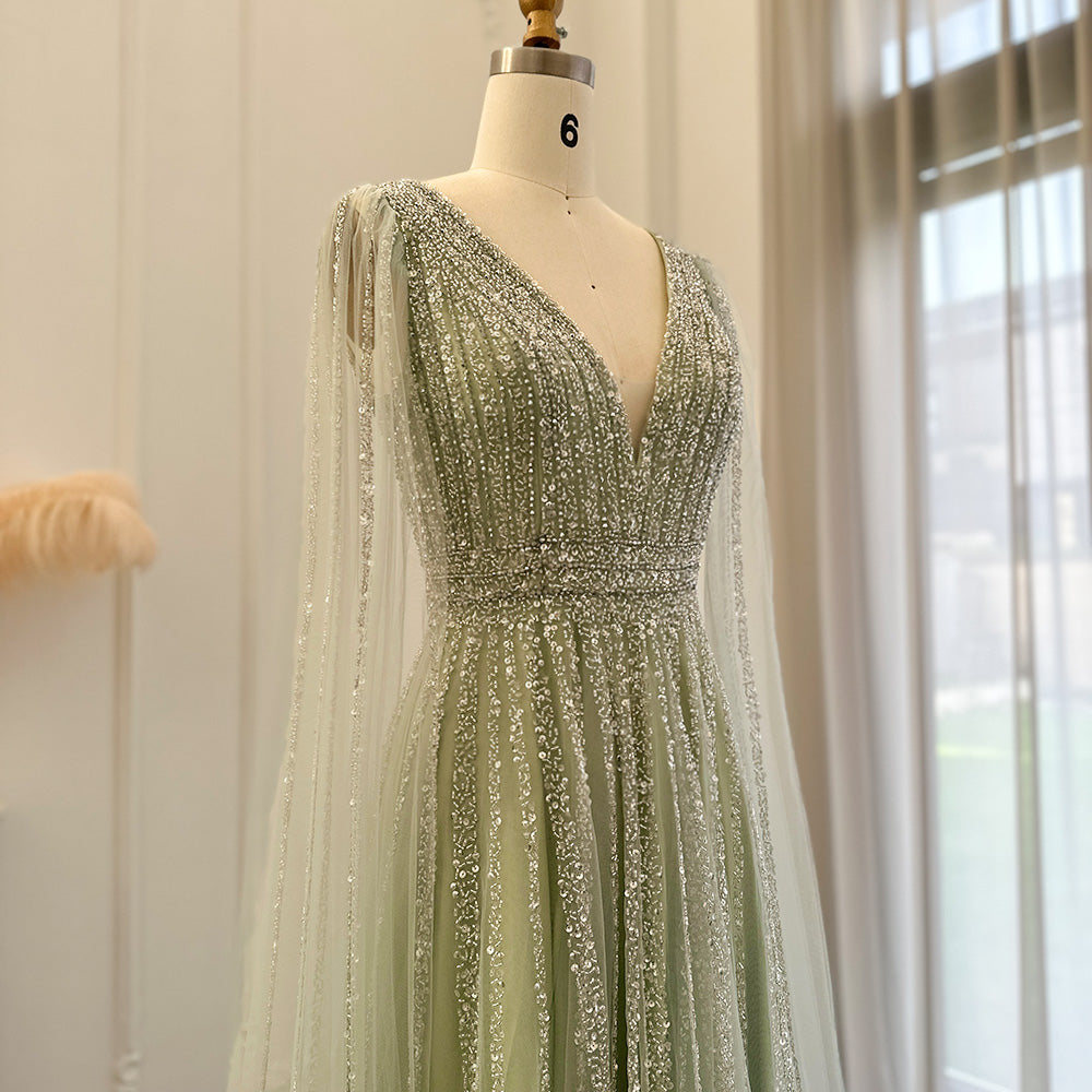 Luxury Beaded Nude Evening Dress with Cape Sleeves