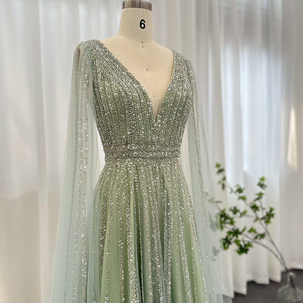 Luxury Beaded Nude Evening Dress with Cape Sleeves
